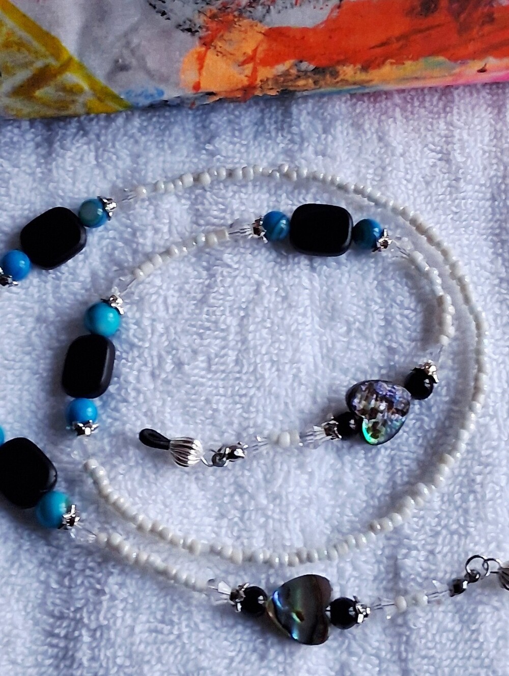 White Beaded Eyeglass Chain with Black, Turquoise & Iridescent Accents